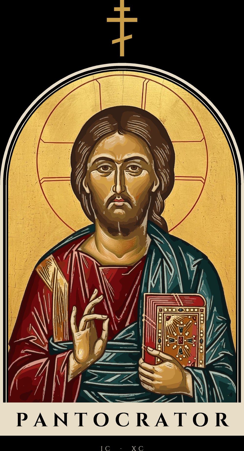 Christ Pantocrator, an original icon painted in the traditional Byzantine manner for Kopos, set in an arch