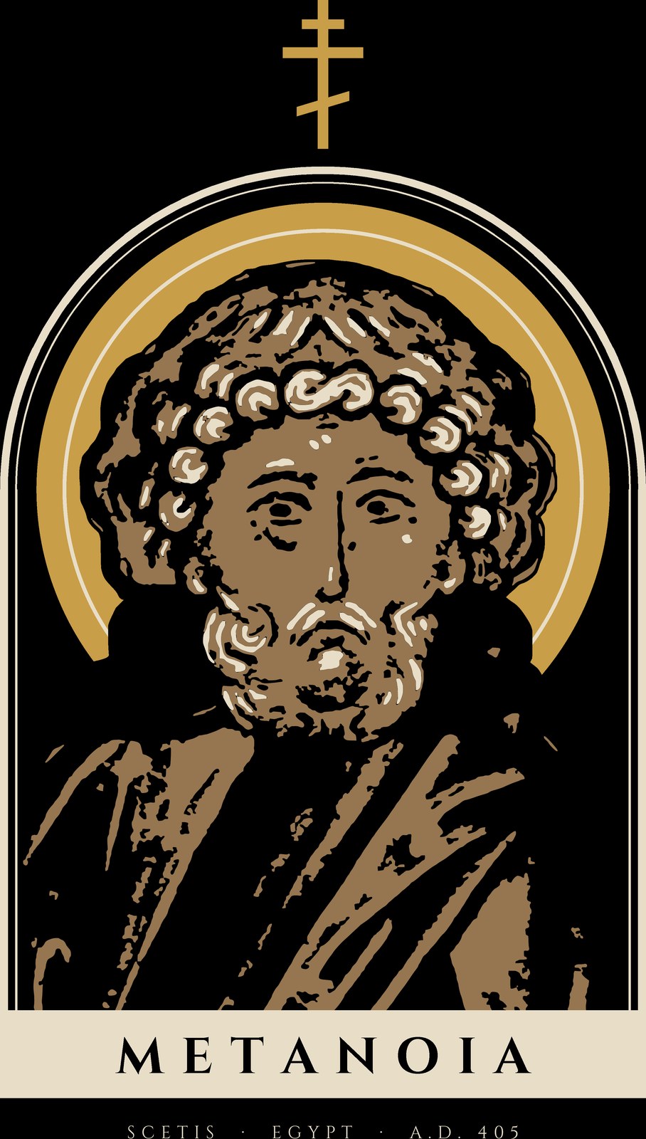 Moses the Black, drawn as an icon inside an arch, the word Metanoia beneath him